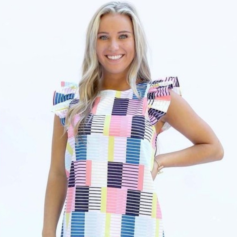 Michelle McDowell Multicolored Ruffle Blouse Striped Color Block Print Small - Picture 1 of 4